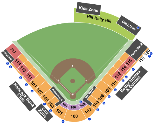 Seatmap for admiral fetterman field at blue wahoos stadium