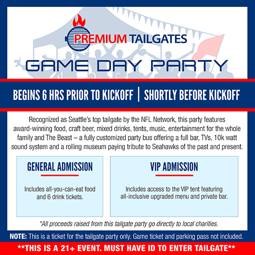 Image of Premium Tailgates Game Day Party: Seattle Seahawks vs. Detroit Lions~ Premium Tailgates Game Day Party ~ Seattle ~ Hawk Alley Tailgate ~ 01/02/2022 07:30