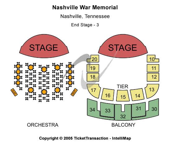 Tennessee Performing Arts Center - War Memorial Auditorium End Stage 3 Seating Chart