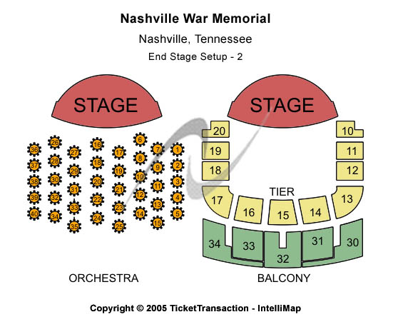 Tennessee Performing Arts Center - War Memorial Auditorium End Stage Setup 2 Seating Chart