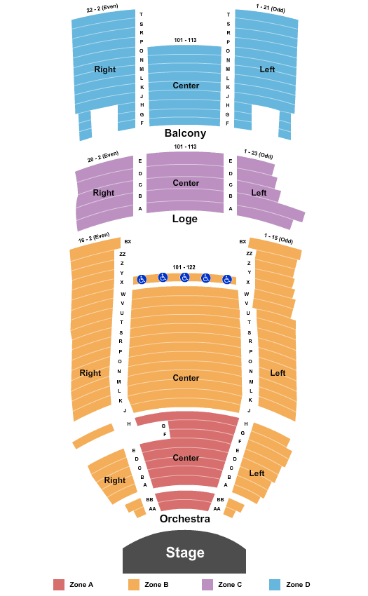 Balboa Theatre - San Diego End Stage - Zone Seating Chart