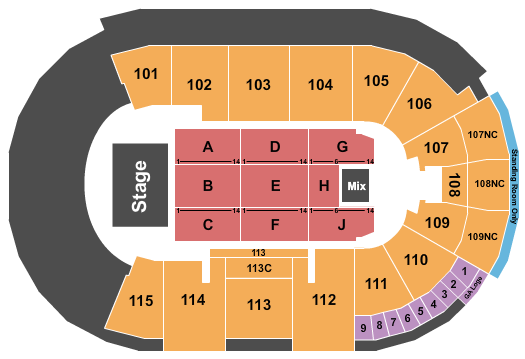 Fishers Event Center seating chart with row numbers