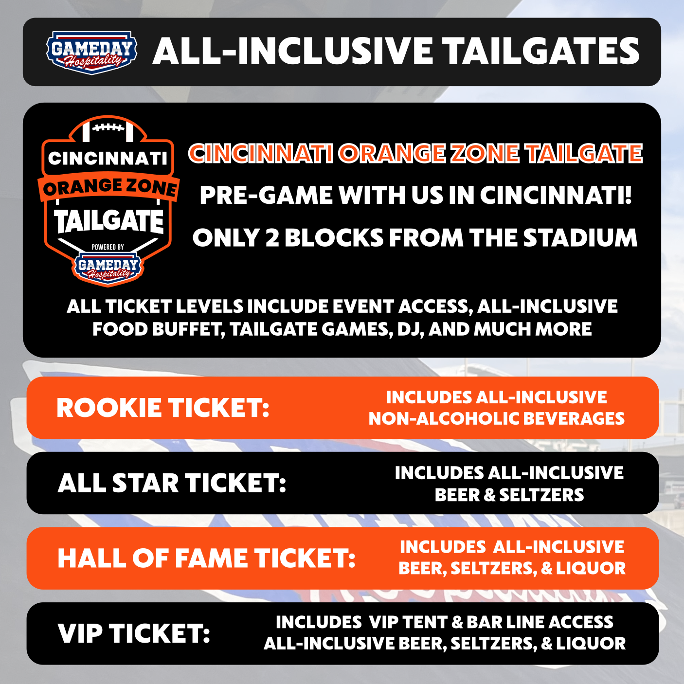 Cincinnati Orange Zone Tailgate: Cincinnati Bengals vs. Seattle Seahawks  Tickets Sun, Oct 15, 2023 TBA in Cincinnati, OH at Gameday Hospitality -  Cincinnati