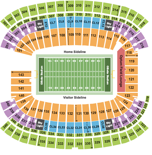 seating chart for Gillette Stadium - Football - eventticketscenter.com