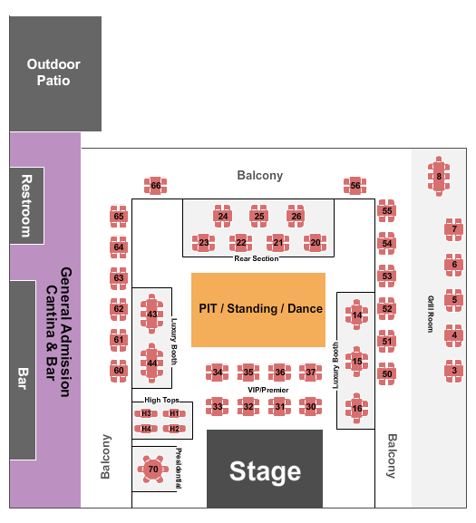 Greek Bros. Oyster Bar & Grill Endstage GA/VIP Tables/GA Bar Seating Chart