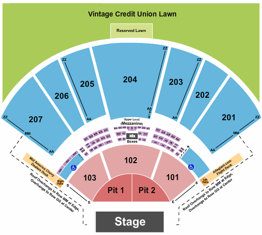 Hollywood Casino Amphitheatre - MO Endstage Pit 1/2, 101-207 w/ Lawn Seating Chart
