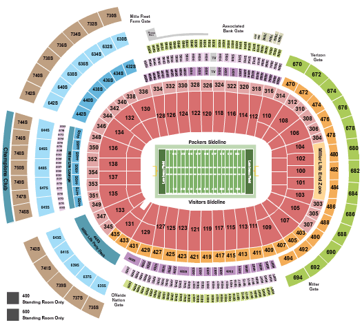 Green Bay Packers seating chart at Lambeau Field in Green Bay, Wisconsin