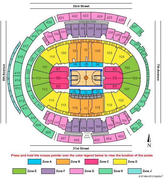 Madison Square Garden 2012 Big East Mens Basketball - Zone Seating Chart