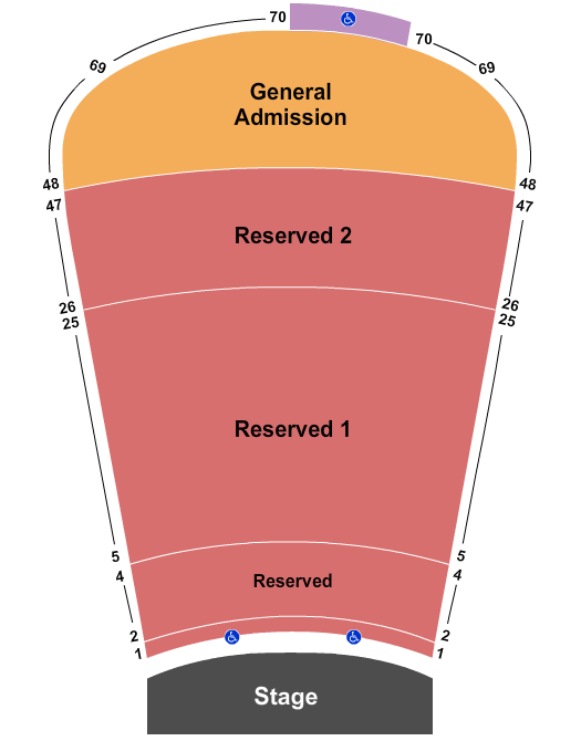 Red Rocks Amphitheatre Resv 1-4, Resv 1 5-25, Resv 2 26-47, GA 48-69 Seating Chart