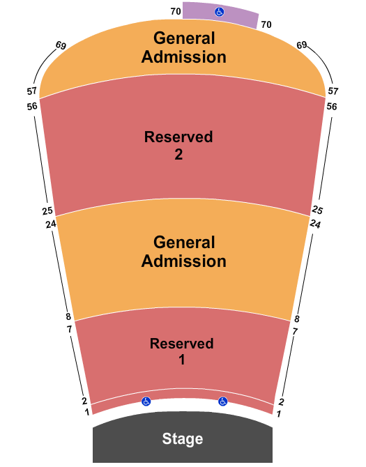 Red Rocks Amphitheatre Resv 1-7 and 25-56, GA 8-24 and 57-69 Seating Chart