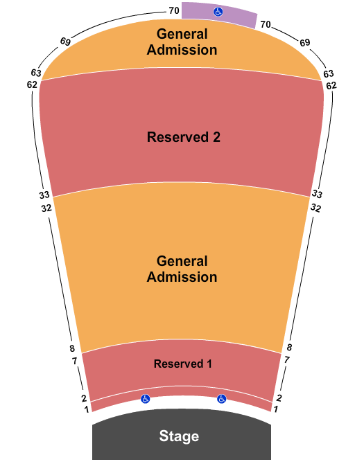 Red Rocks Amphitheatre Resv 1-7, 33-62 and GA 8-32, 63-69 Seating Chart