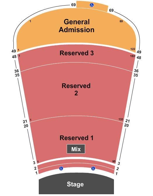 Red Rocks Amphitheatre Endstage Resv 1,2 and 3 Row 48 - GA Row 49-69 Seating Chart