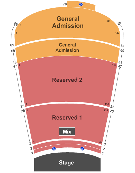 Red Rocks Amphitheatre Resv 1 & 2 Rows1-47 - GA Rows 48-69 Seating Chart
