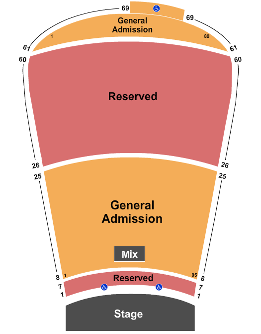 Red Rocks Amphitheatre Resv 1-7 and 26-60, GA 8-25 and 61-69 Seating Chart