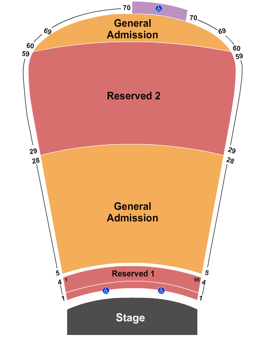 Red Rocks Amphitheatre Resv 1-4, 29-59 and GA 5-28, 60-69 Seating Chart