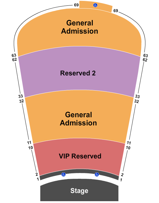 Red Rocks Amphitheatre VIP RSV 2-10 RSV 2 33-62  GA 11-32 And 63-69 Seating Chart