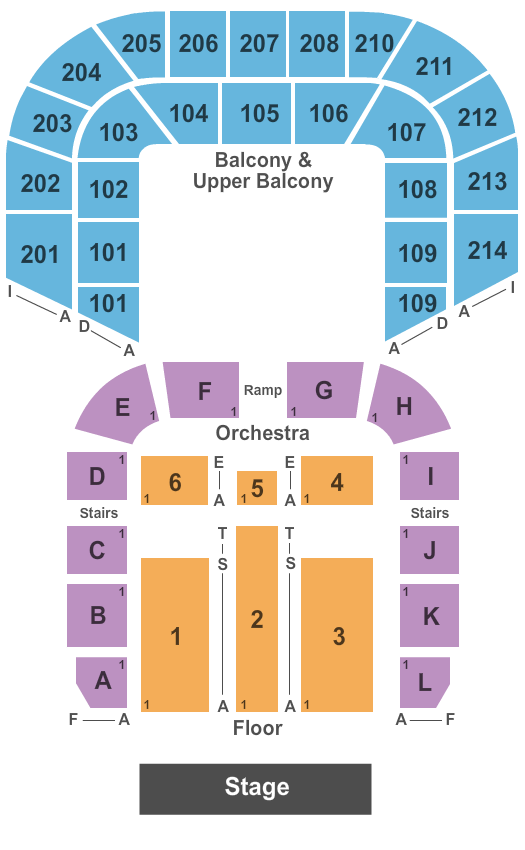 Shreveport Municipal Memorial Auditorium Floor 1-5 no Pit Seating Chart