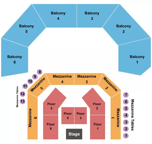 Endstage 3 Seating Chart at ACL Live At The Moody Theater. The chart shows the main floor/stage with seating options surrounding it, which are color coded