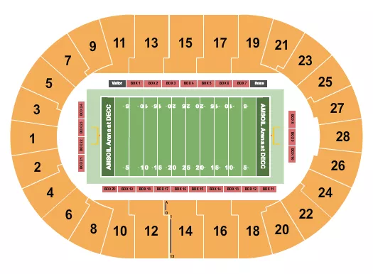 Football Seating Chart at AMSOIL Arena At DECC. The chart shows the main floor/stage with seating options surrounding it, which are color coded