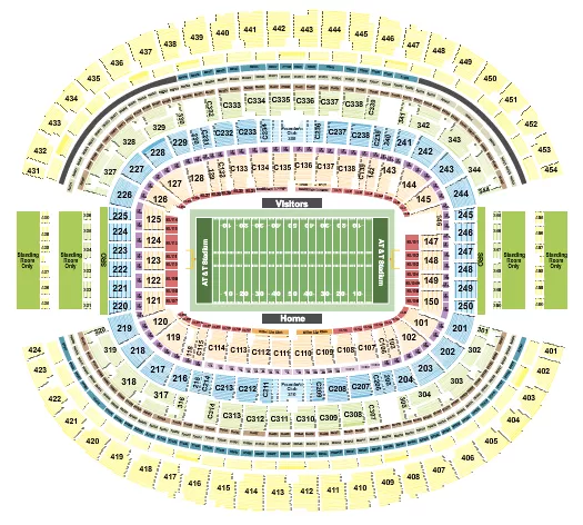 Football Rows Seating Chart at AT&T Stadium. The chart shows the main floor/stage with seating options surrounding it, which are color coded