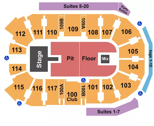 Endstage GA Pit Seating Chart at Abbotsford Centre. The chart shows the main floor/stage with seating options surrounding it, which are color coded