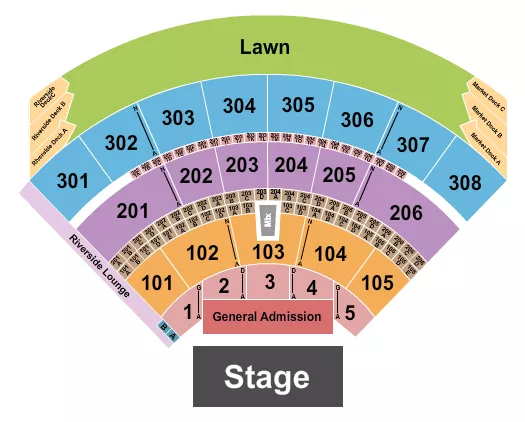 Endstage - GA Front Seating Chart at Acrisure Amphitheater. The chart shows the main floor/stage with seating options surrounding it, which are color coded