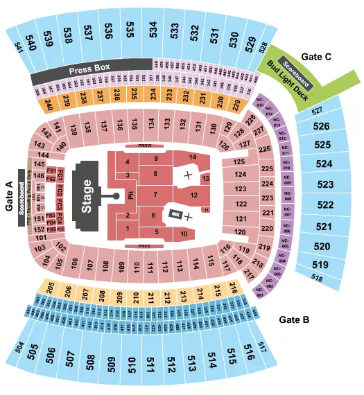 AC/DC Seating Chart at Acrisure Stadium. The chart shows the main floor/stage with seating options surrounding it, which are color coded