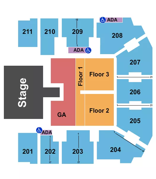 Brantley Gilbert Seating Chart at Adams Event Center. The chart shows the main floor/stage with seating options surrounding it, which are color coded