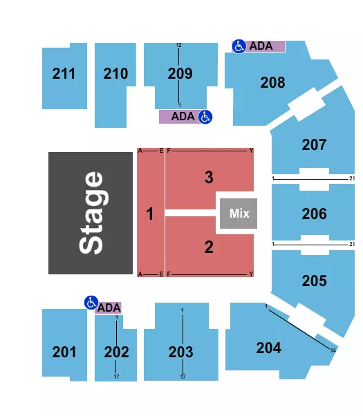 Endstage 3 Seating Chart at Adams Event Center. The chart shows the main floor/stage with seating options surrounding it, which are color coded