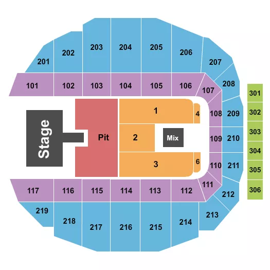 Brantley Gilbert Seating Chart at Adirondack Bank Center at Utica Memorial Auditorium. The chart shows the main floor/stage with seating options surrounding it, which are color coded