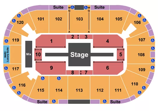 Center Stage 2 Seating Chart at Agganis Arena. The chart shows the main floor/stage with seating options surrounding it, which are color coded
