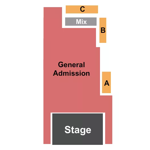 GA Floor/ Reserved Seating Chart at Aggie Theatre. The chart shows the main floor/stage with seating options surrounding it, which are color coded