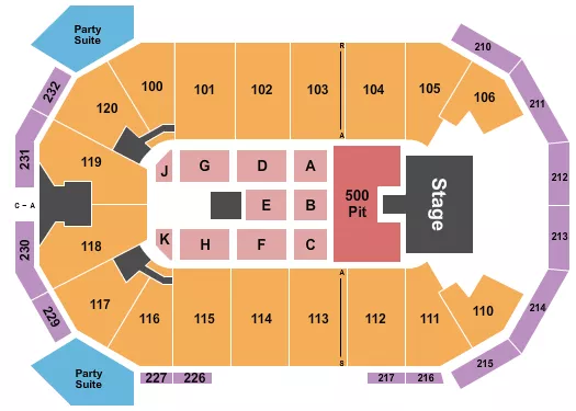 Bailey Zimmerman Seating Chart at Akins Arena at The Classic Center. The chart shows the main floor/stage with seating options surrounding it, which are color coded