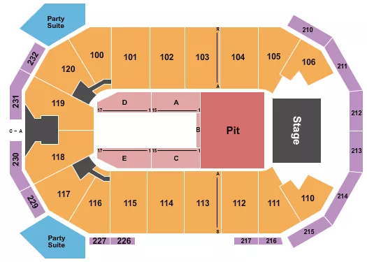 Brantley Gilbert Seating Chart at Akins Arena at The Classic Center. The chart shows the main floor/stage with seating options surrounding it, which are color coded