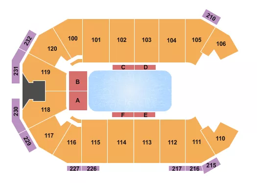 Disney On Ice Seating Chart at Akins Arena at The Classic Center. The chart shows the main floor/stage with seating options surrounding it, which are color coded