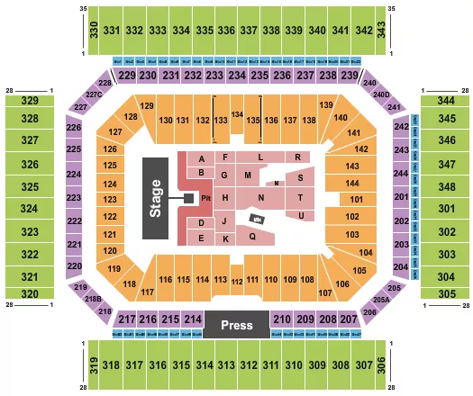 AC/DC Seating Chart at Alamodome. The chart shows the main floor/stage with seating options surrounding it, which are color coded