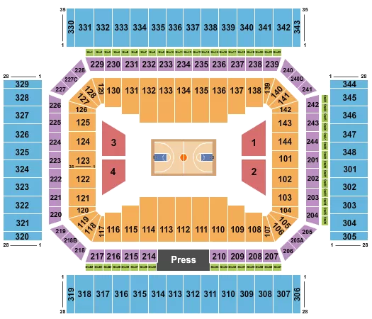 Basketball - NCAA Seating Chart at Alamodome. The chart shows the main floor/stage with seating options surrounding it, which are color coded