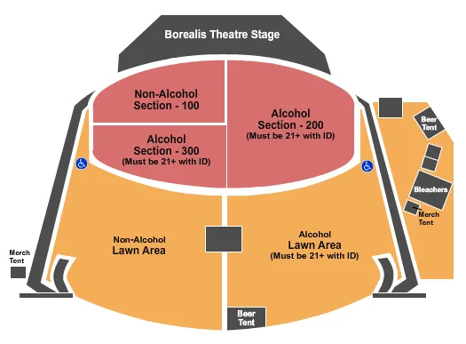 Endstage Reserved & GA Seating Chart at Alaska State Fair Borealis Theatre. The chart shows the main floor/stage with seating options surrounding it, which are color coded