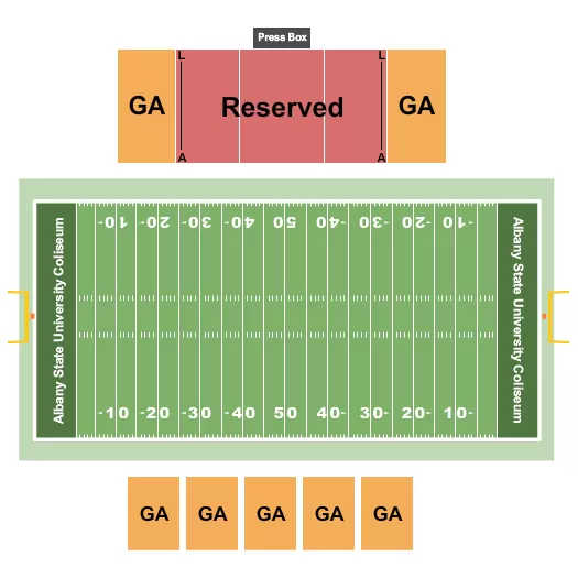 Football 2 Seating Chart at Albany State University Coliseum. The chart shows the main floor/stage with seating options surrounding it, which are color coded