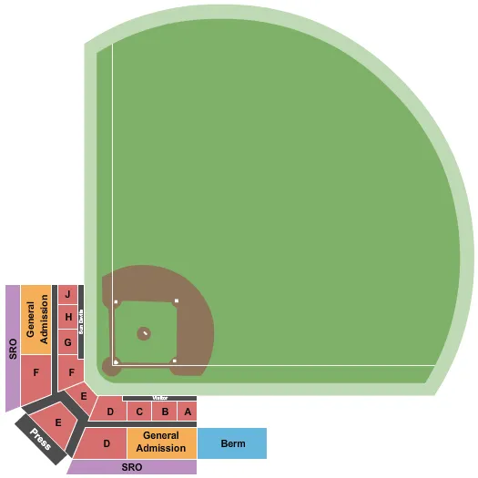 Softball Seating Chart at Alberta B. Farrington Softball Stadium. The chart shows the main floor/stage with seating options surrounding it, which are color coded