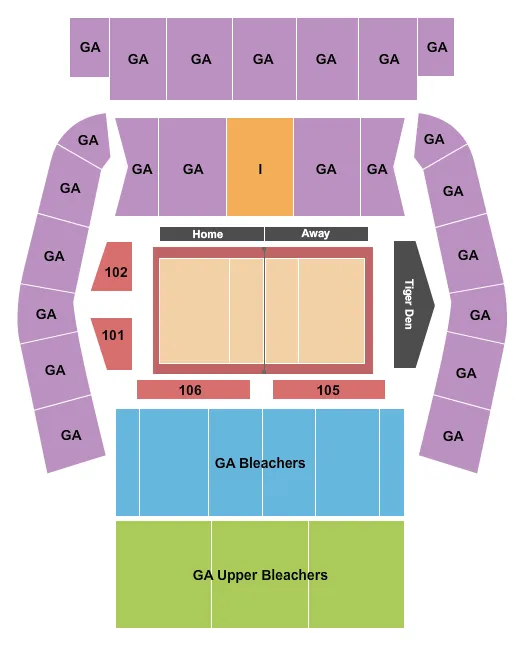 Volleyball Seating Chart at Alex G. Spanos Center. The chart shows the main floor/stage with seating options surrounding it, which are color coded