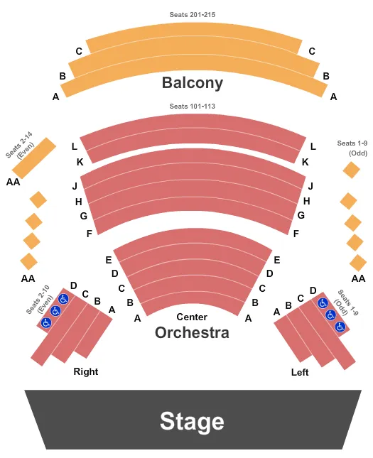 End Stage Seating Chart at Alice Griffin Jewel Box Theatre. The chart shows the main floor/stage with seating options surrounding it, which are color coded