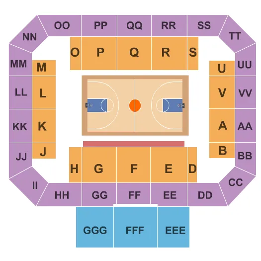 Basketball Seating Chart at Alico Arena. The chart shows the main floor/stage with seating options surrounding it, which are color coded