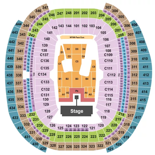 AC/DC Seating Chart at Allegiant Stadium. The chart shows the main floor/stage with seating options surrounding it, which are color coded