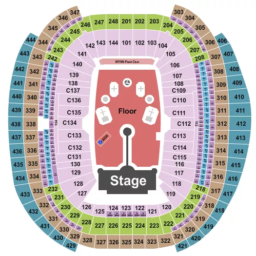 Coldplay Seating Chart at Allegiant Stadium. The chart shows the main floor/stage with seating options surrounding it, which are color coded