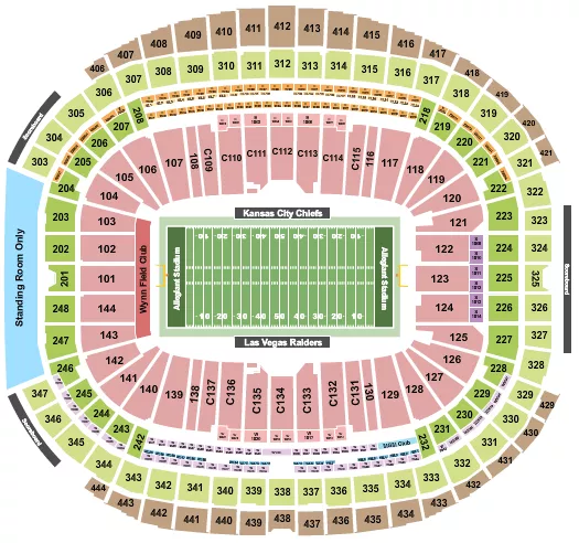 Football Rows - NFL Seating Chart at Allegiant Stadium. The chart shows the main floor/stage with seating options surrounding it, which are color coded
