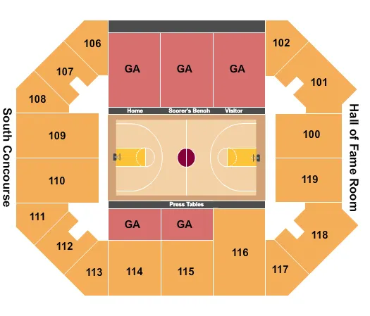 Basketball 2 Seating Chart at Allen Arena At Lipsomb University. The chart shows the main floor/stage with seating options surrounding it, which are color coded