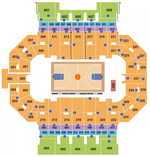 Basketball - NCAA Seating Chart at Allen County War Memorial Coliseum. The chart shows the main floor/stage with seating options surrounding it, which are color coded