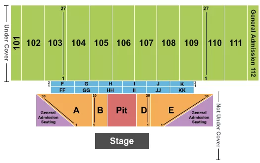 Endstage 101-122 Seating Chart at Allentown Fairgrounds. The chart shows the main floor/stage with seating options surrounding it, which are color coded