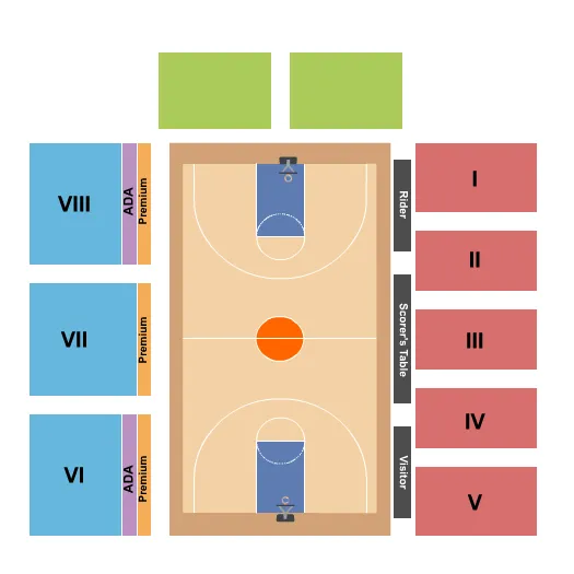 Women's Basketball Seating Chart at Alumni Gym. The chart shows the main floor/stage with seating options surrounding it, which are color coded